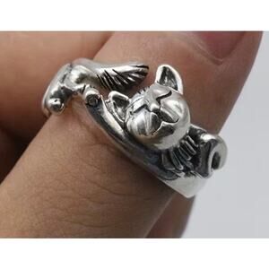 Playful Adjustable Feline Ring, Smooth Finish, Kitten Stretching Pose